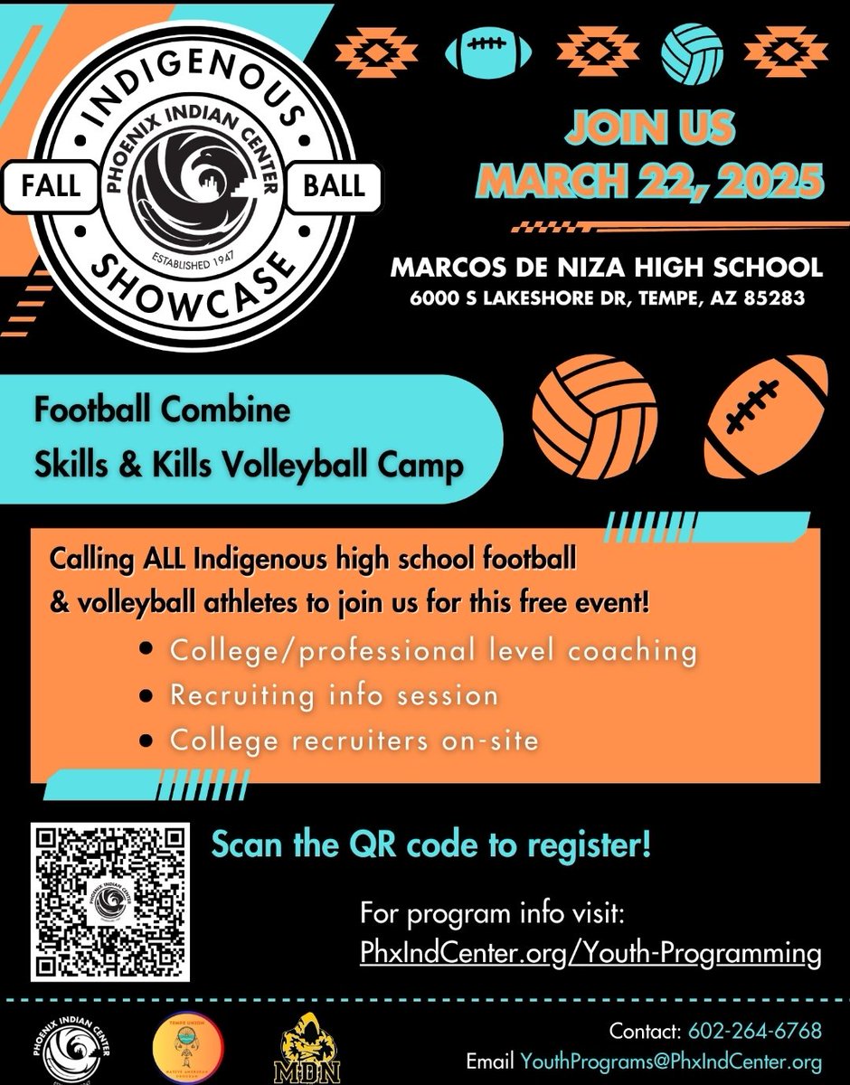 🚨Indigenous Showcase🚨

➡️ 🏈 &amp; 🏐

📅 March 22, 2025

📍 Marcos de Niza HS

➡️PhxIndCenter.org/Youth-Programm…