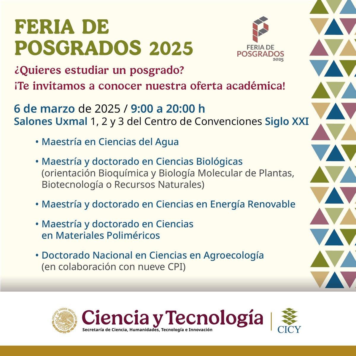 ¡Estudia tu #Posgrado en el #CICY!

Conoce nuestra oferta académica en la 𝐅𝐞𝐫𝐢𝐚 𝐝𝐞 𝐏𝐨𝐬𝐠𝐫𝐚𝐝𝐨𝐬 𝟐𝟎𝟐𝟓

6 de marzo
de 9:00 a 20:00 h
Centro de Convenciones Siglo XXI