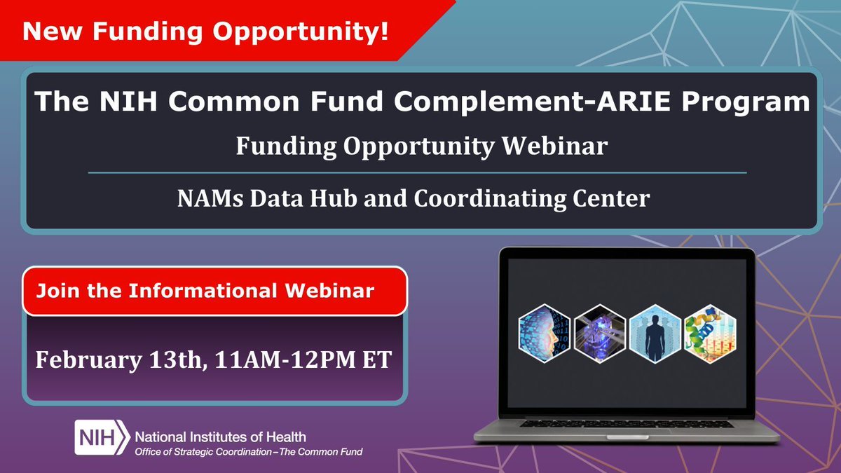 NIH_NIEHS's tweet image. Are you a #NAMs researcher looking to be on the cutting edge of your field? Learn about the new #ComplementARIE the #Data Hub and Coordinating Center Funding Opportunity at the informational #webinar on 2/13 at 11am ET: bit.ly/NDHCC_Webinar