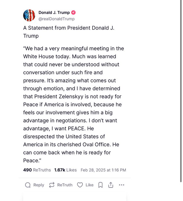 Two people disrespected the United States in the Oval Office today: President Trump and Vice President Vance.

One person spoke in the best of American tradition: President Zelensky.