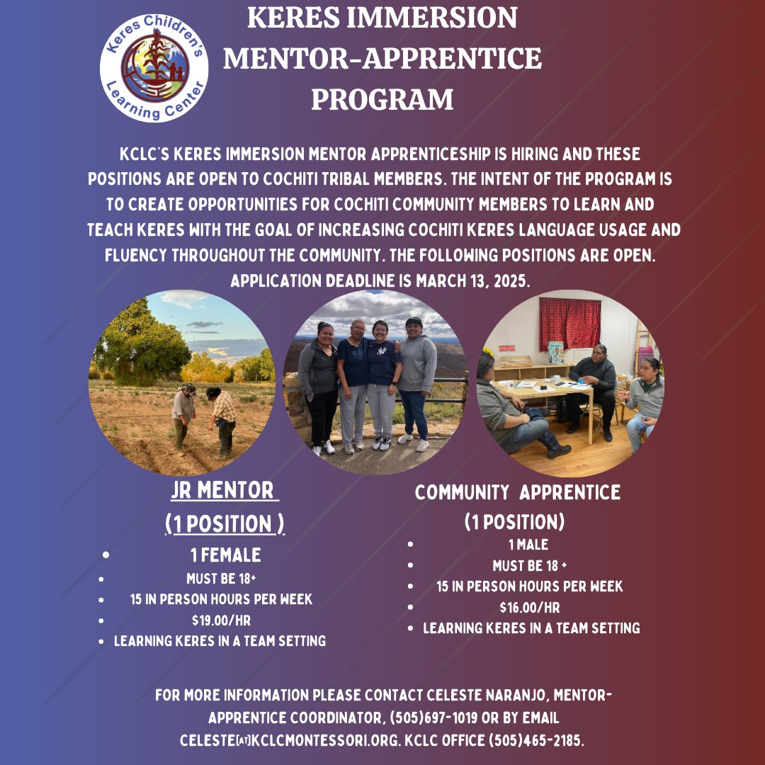 ‼️KCLC's Mentor/Apprentice Program is hiring‼️
Please contact Celeste "Penni" Naranjo for information.
(505) 697-1019 or by email celeste@kclcmontessori.org.
