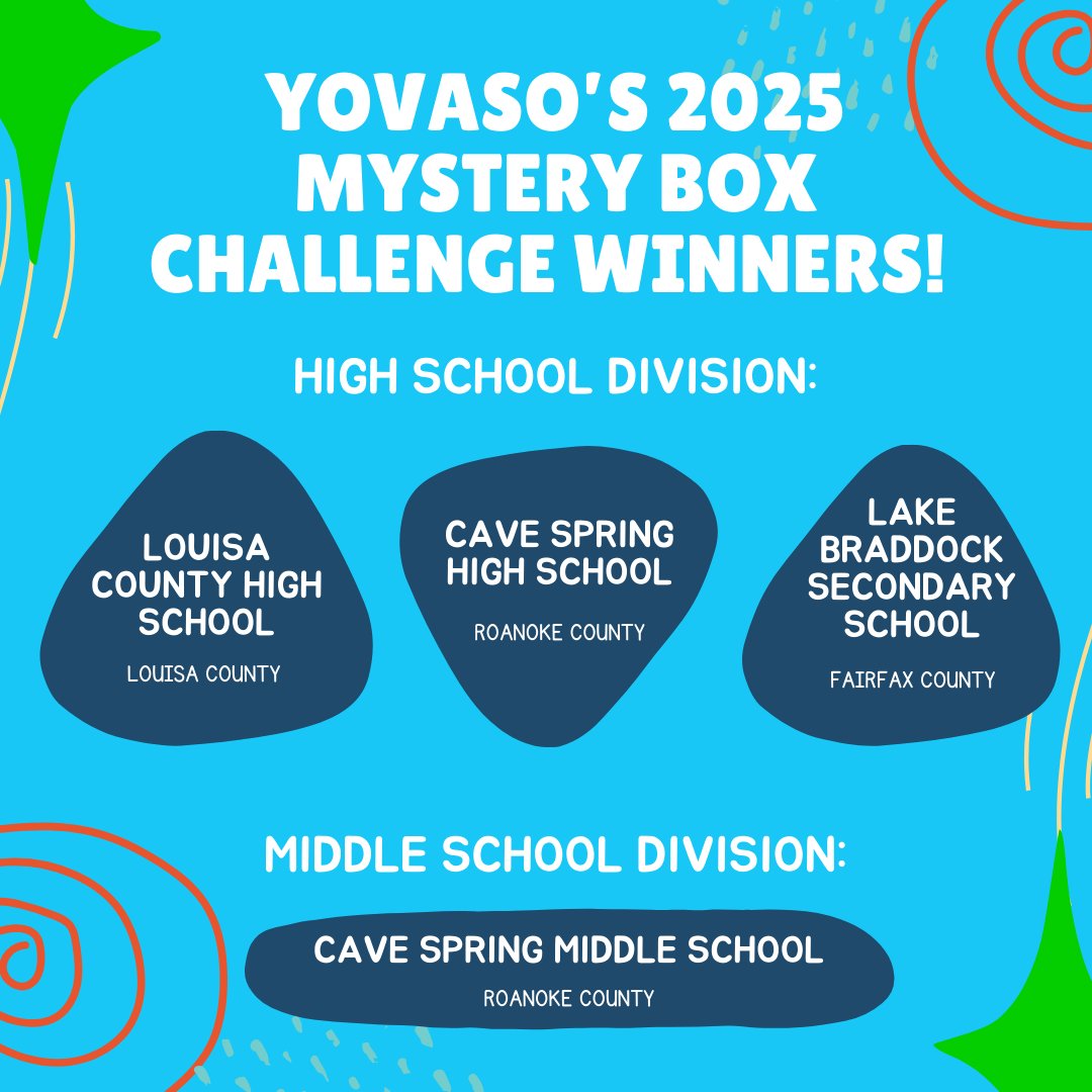 Congratulations to the winners of our 2025 YOVASO Mystery Box Challenge! Each school will receive $200 in recognition of their hard work and creativity through this project. Be on the lookout next week to see their winning entries and some other honorable mentions!