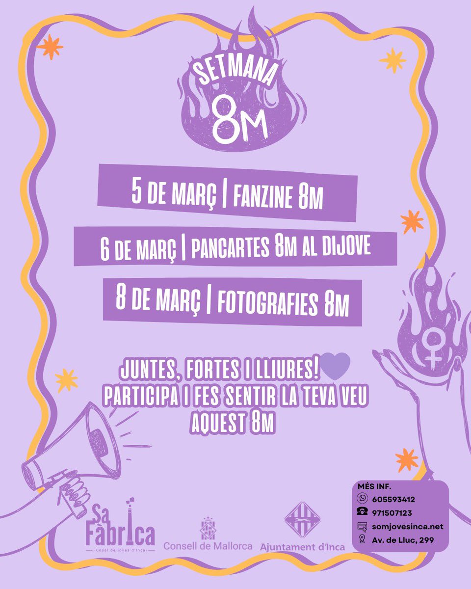 💜 SETMANA 8M AL CASAL DE JOVES D’INCA! 💜

📅 5 de març | Fanzine 8M 📖✍️ (a les 18:30 al casal)
📅 6 de març | Pancartes 8M al Dijove 📢 (de 17 h a 20 h a la plaça de la Quartera) 
📅 8 de març | Fotografies 8M 📸

Vine, expressa’t i sigues part del canvi!