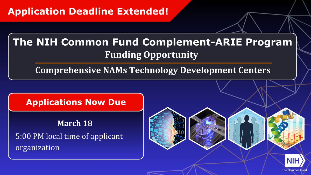 NIH_NIEHS's tweet image. •The #NIHCommonFund #ComplementARIE program needs your help to build comprehensive Technology Development centers for innovative new approach methodologies! Submit your application now before the new application deadline of March 18: go.nih.gov/gz5JDK6