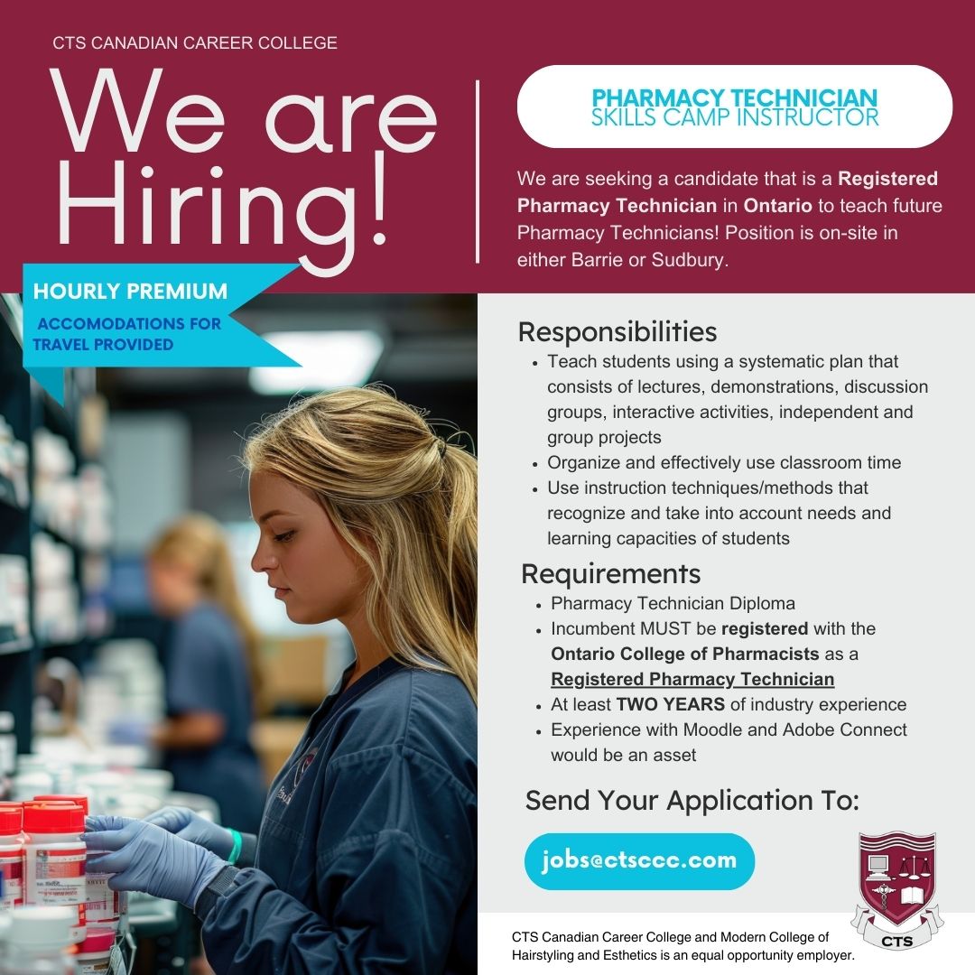 CTS Canadian Career College (@ctsccc) on Twitter photo For more information: tinyurl.com/34w8c67e
Applicants are encouraged to send their resumes to jobs@ctsccc.com with the subject line 2025-009.
#pharmacytechnician #ctsccc #hiring #jobopportunity For more information: tinyurl.com/34w8c67e
Applicants are encouraged to send their resumes to jobs@ctsccc.com with the subject line 2025-009.
#pharmacytechnician #ctsccc #hiring #jobopportunity