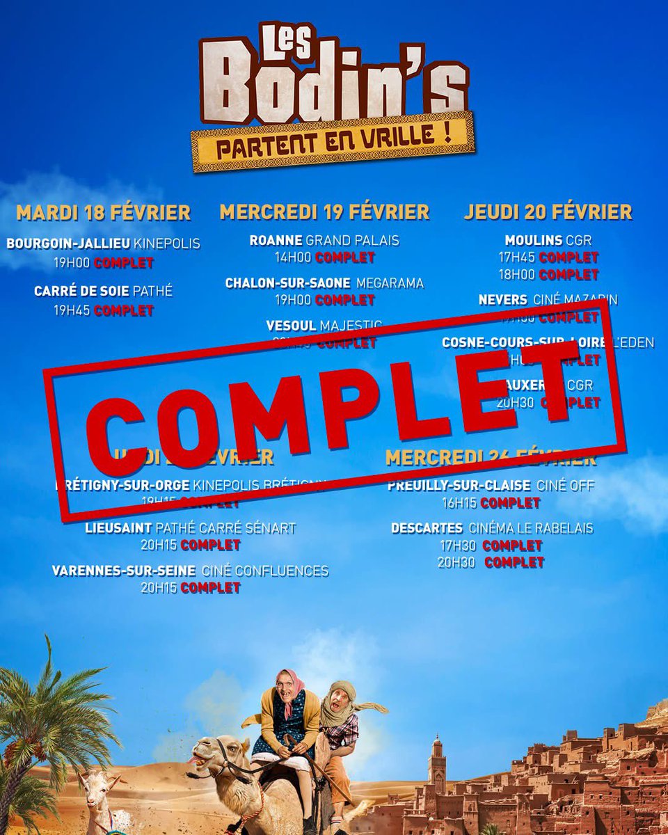 Le Grand-Est et les Hauts-de-France : c’est fait ! ✅
La tournée est un immense succès ! 🐪
#LesBodinsPartentEnVrille exclusivement au cinéma le 19 mars 😅
#LesBodins