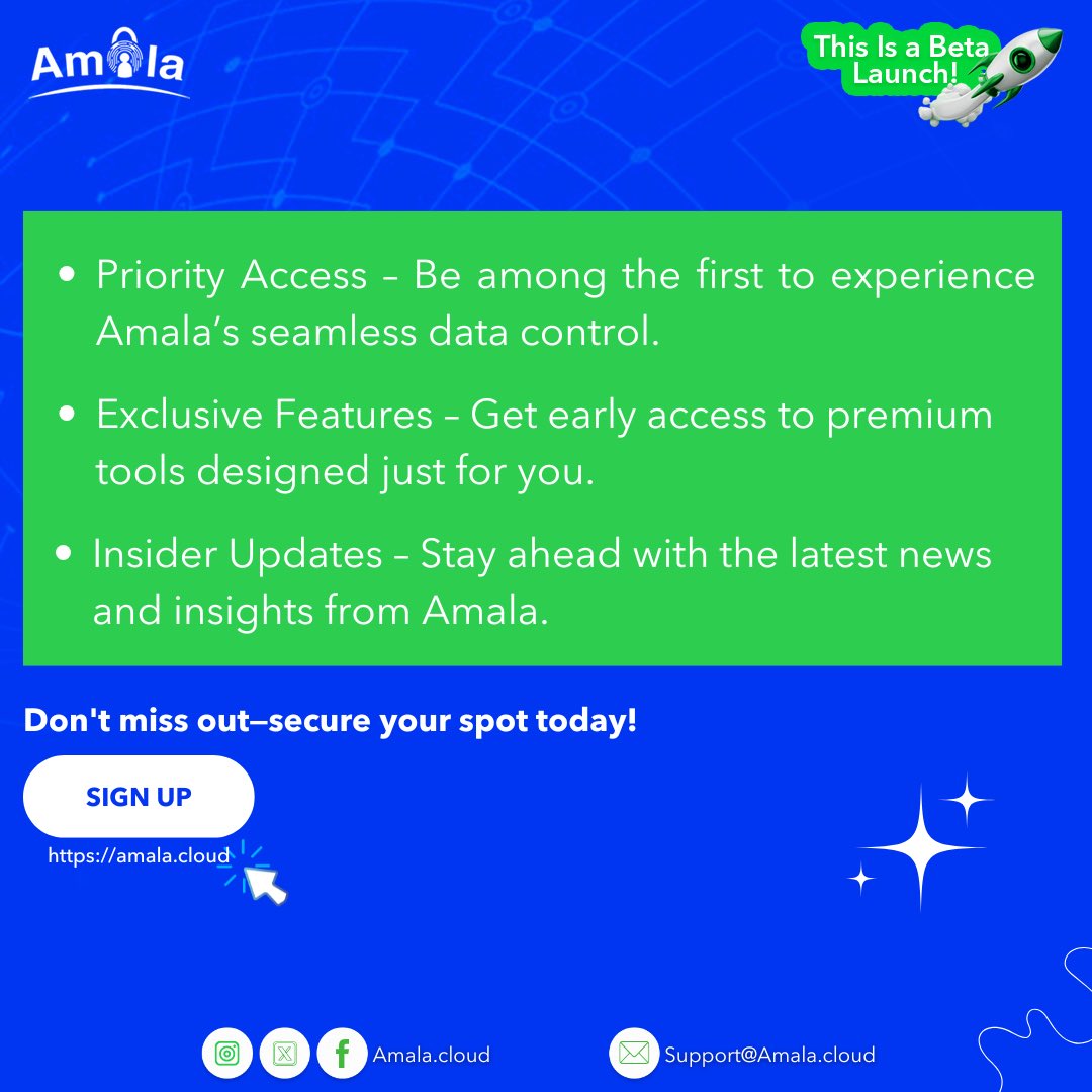 amala_cloud's tweet photo. Exclusive benefits and amazing features await you on Amala Cloud so why wait? 

Be the first to enjoy these features. Sign up today on https://t.co/4PyfsbDPfY

#AmalaCloud #ExclusiveFeatures #PriorityAccess #DataProtection #PrivacyMatters #SecureYourData #BetaLaunch https://t.co/SCJr7SZJGi