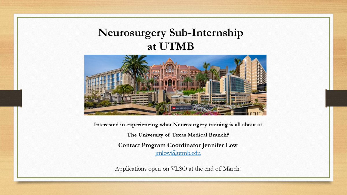 UTMBNeurosurg's tweet image. Come experience Neurosurgery at UTMB with a visiting sub-internship this summer! Applications open on VSLO at the end of March!