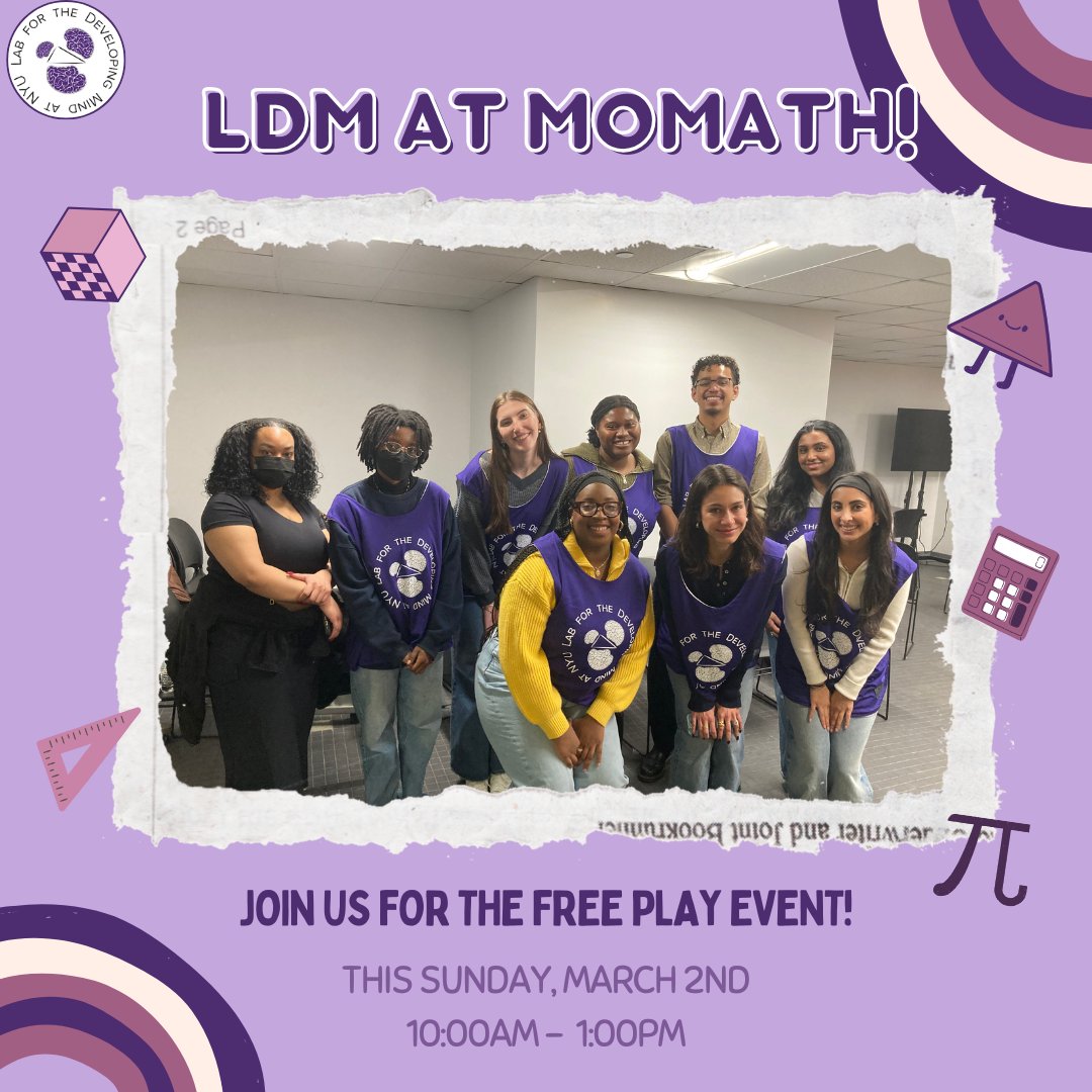 This Saturday and Sunday, the LDM team will be at the National Museum of Mathematics from 10 am-5 pm! MoMath will also be offering free admission to the museum on Sunday from 10am-1pm!

We will have games for 3, 5, and 6-year-old child scientists.

We hope to see you there! 👏🧠