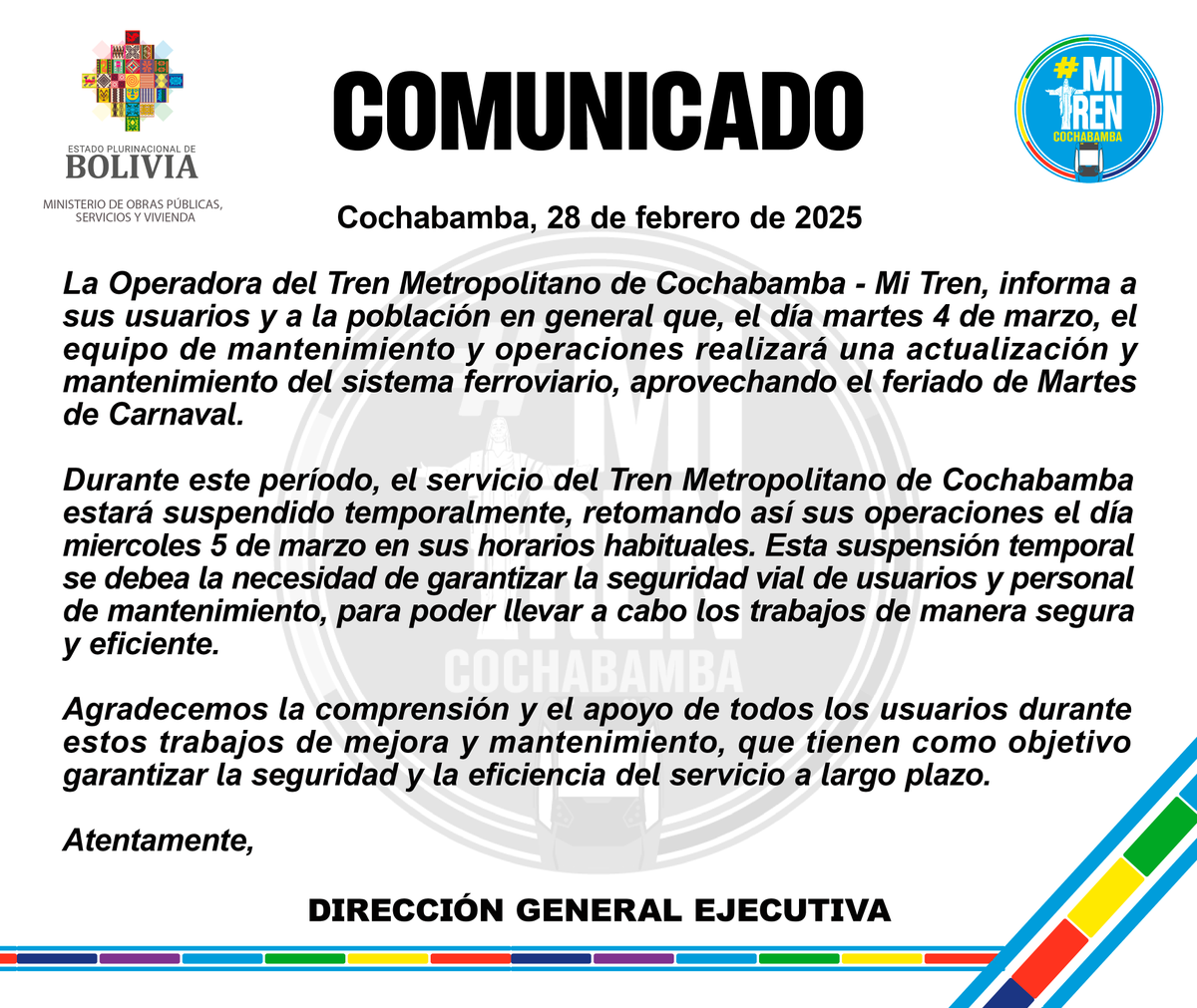 Este martes 4 de marzo, #MiTren realizará mantenimiento y actualizaciones en el sistema ferroviario, suspendiendo temporalmente el servicio. Las operaciones se reanudarán el día 5 de marzo en horarios habituales. 📷 ¡Gracias por su comprensión!
#CochabambaMetropolitano
