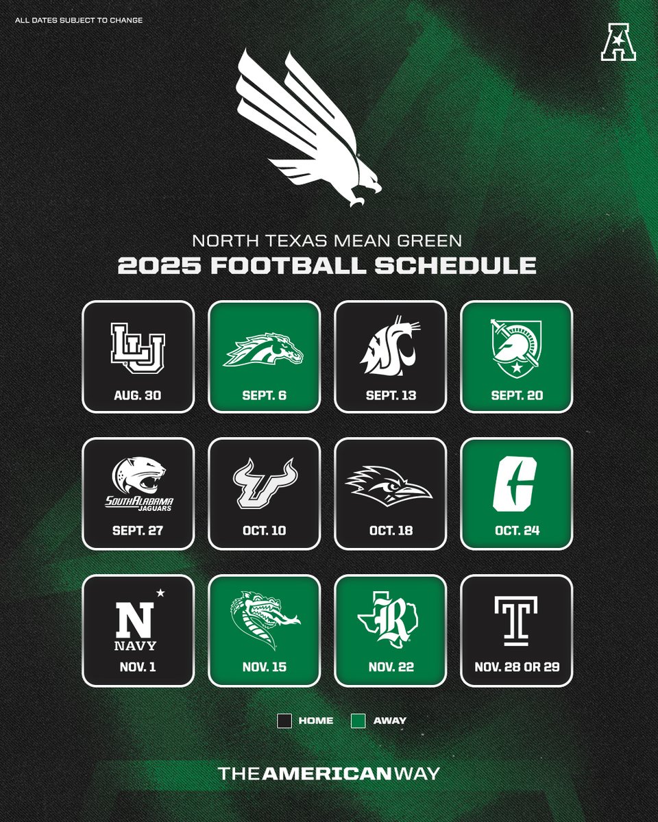 2025 <a href="/MeanGreenFB/">UNT Football</a> schedule 🟢🦅

#AmericanWay x #AmericanFB