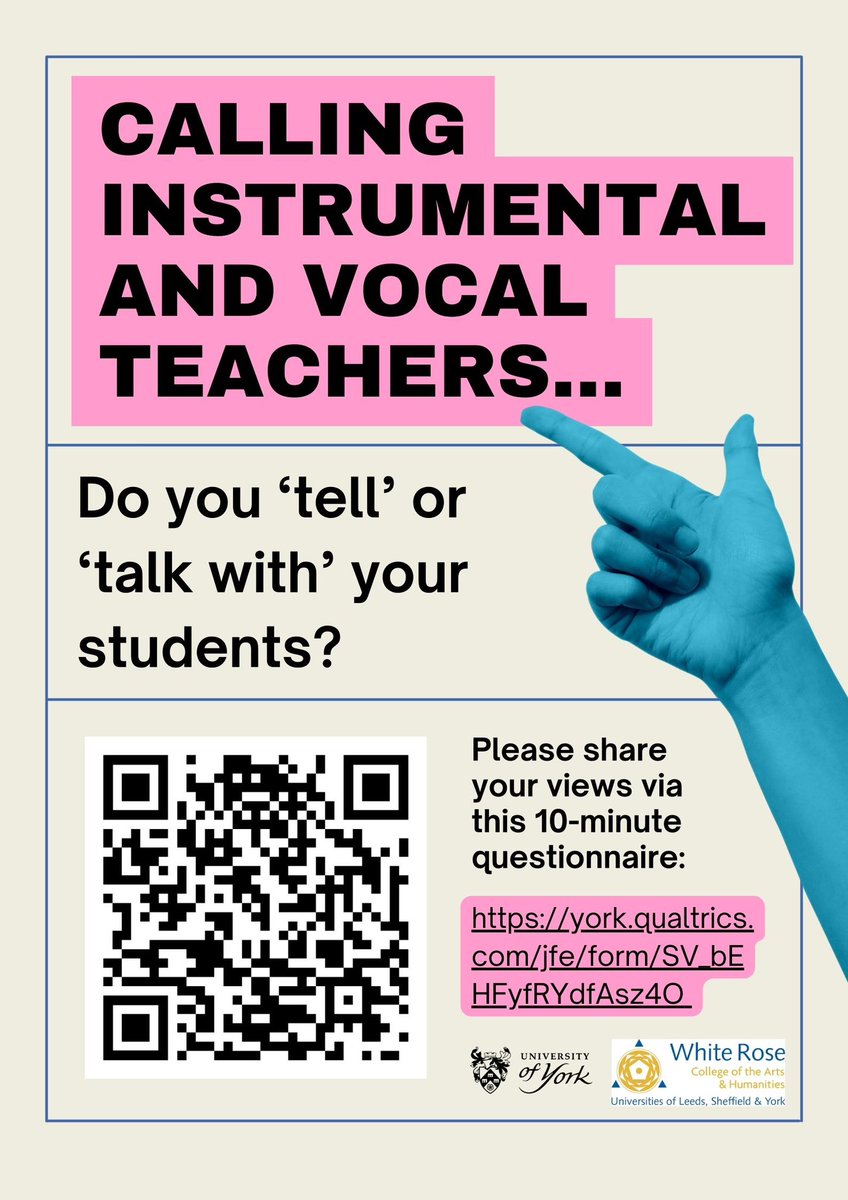 Calling all instrumental and vocal teachers!

Do you ‘tell’ or ‘talk with’ your students?

york.qualtrics.com/jfe/form/SV_bE…

This 10-minute questionnaire asks about your views on dialogic teaching within instrumental/vocal lessons. It’s quick to complete and accessible to busy teachers.