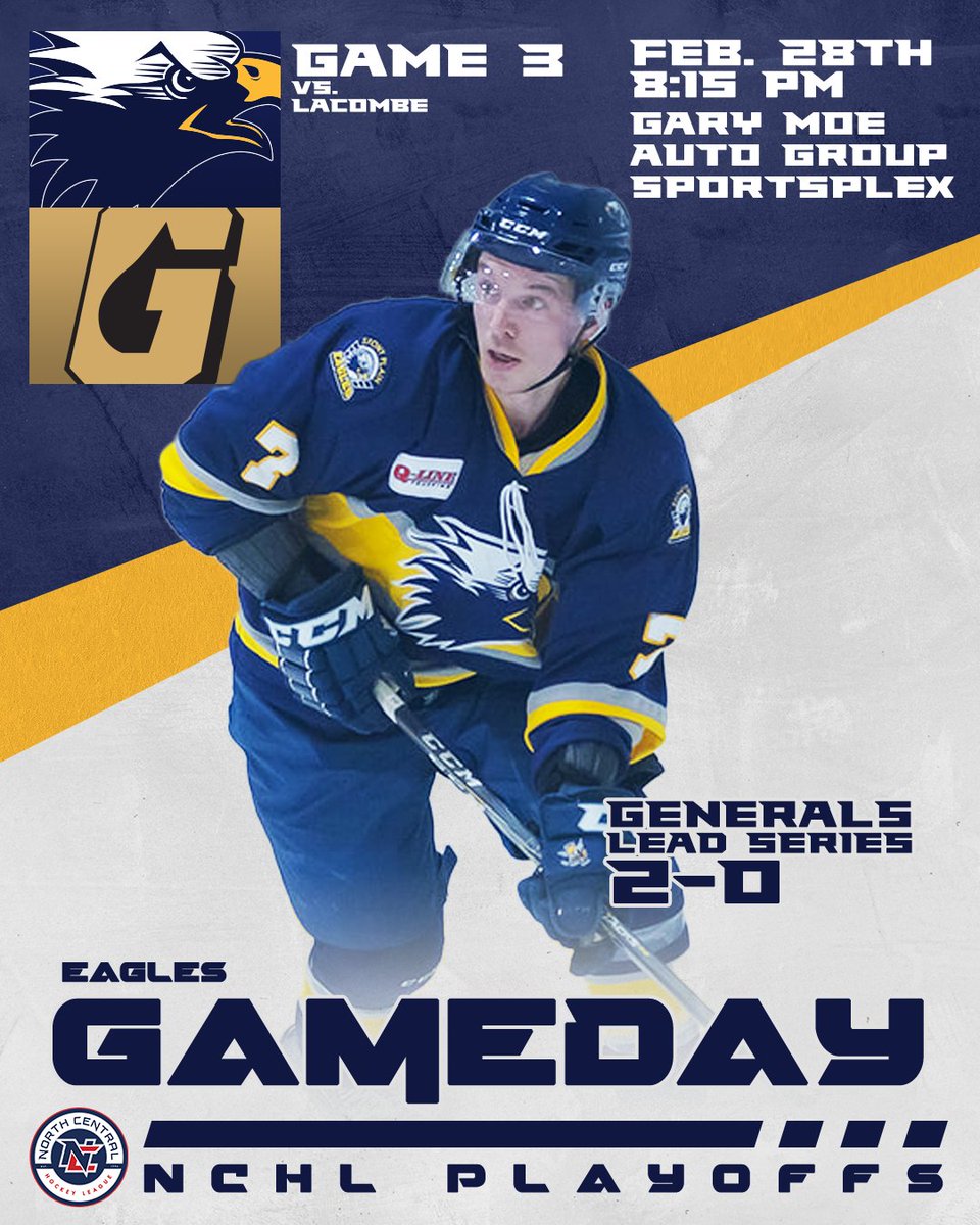 IT'S AN EAGLES PLAYOFF GAME DAY! 🦅

The guys look to keep their season alive in Game 3️⃣ of their NCHL Semi Final series against the Generals!

Puck drop in Lacombe tonight is slated for 8:15 PM!