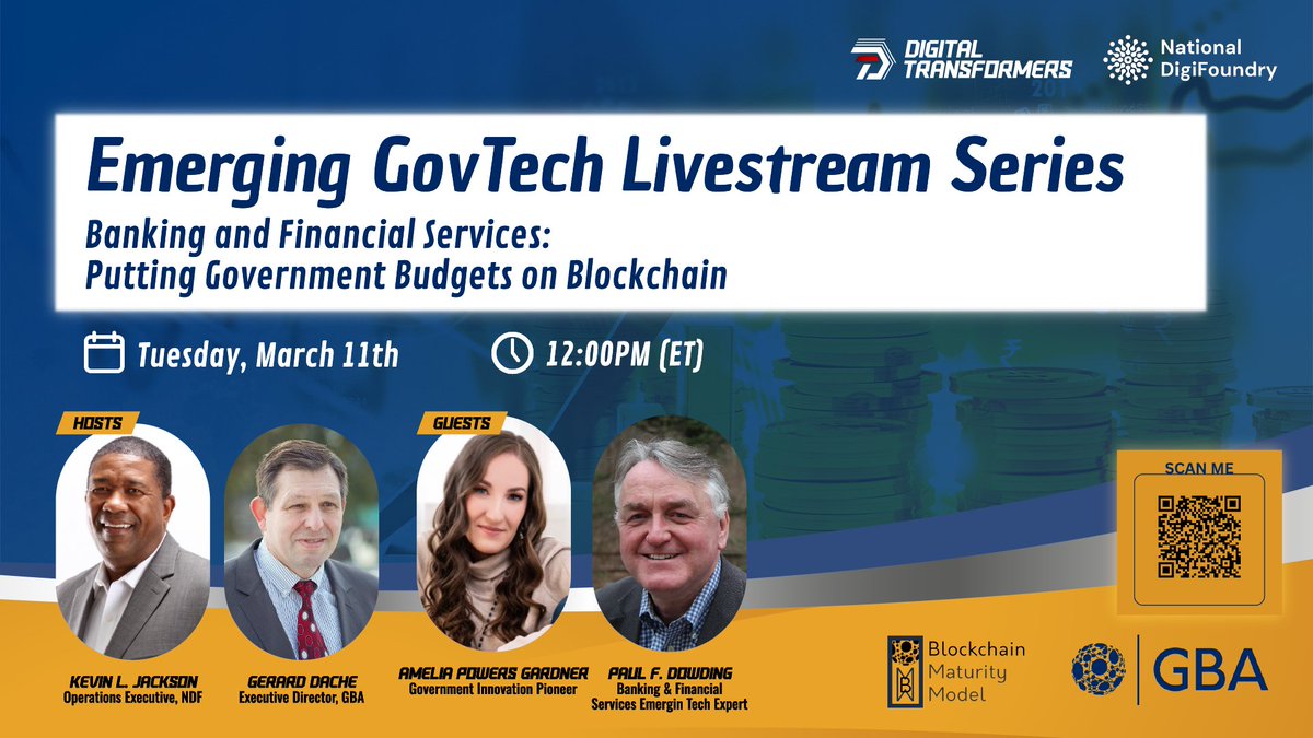 Kevin_Jackson's tweet image. Can government budgets benefit from blockchain? Explore this question at the next Emerging GovTech Live! Mar. 11, noon ET #GBAGlobal #DigitalTransX #NationalDigiFoundry Powered by Government Blockchain Association &amp;amp; National DigiFoundry Register! bit.ly/EmergingGovTech