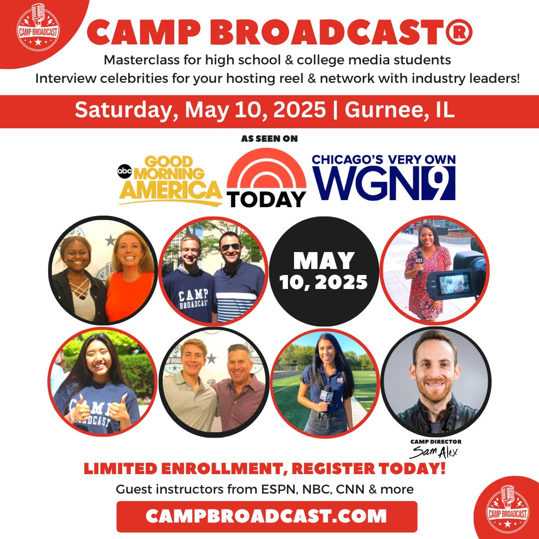 CHICAGO AREA! This countdown is on for Camp Broadcast on Saturday, May 10 in Gurnee Mills Mall🎙️ Become part of the next generation of journalists and broadcasters. Register at CampBroadcast.com 🔗 Learn from <a href="/SamAlexRadio/">Sam Alex</a> #CampBroadcast alum Hannah B &amp; more!✨