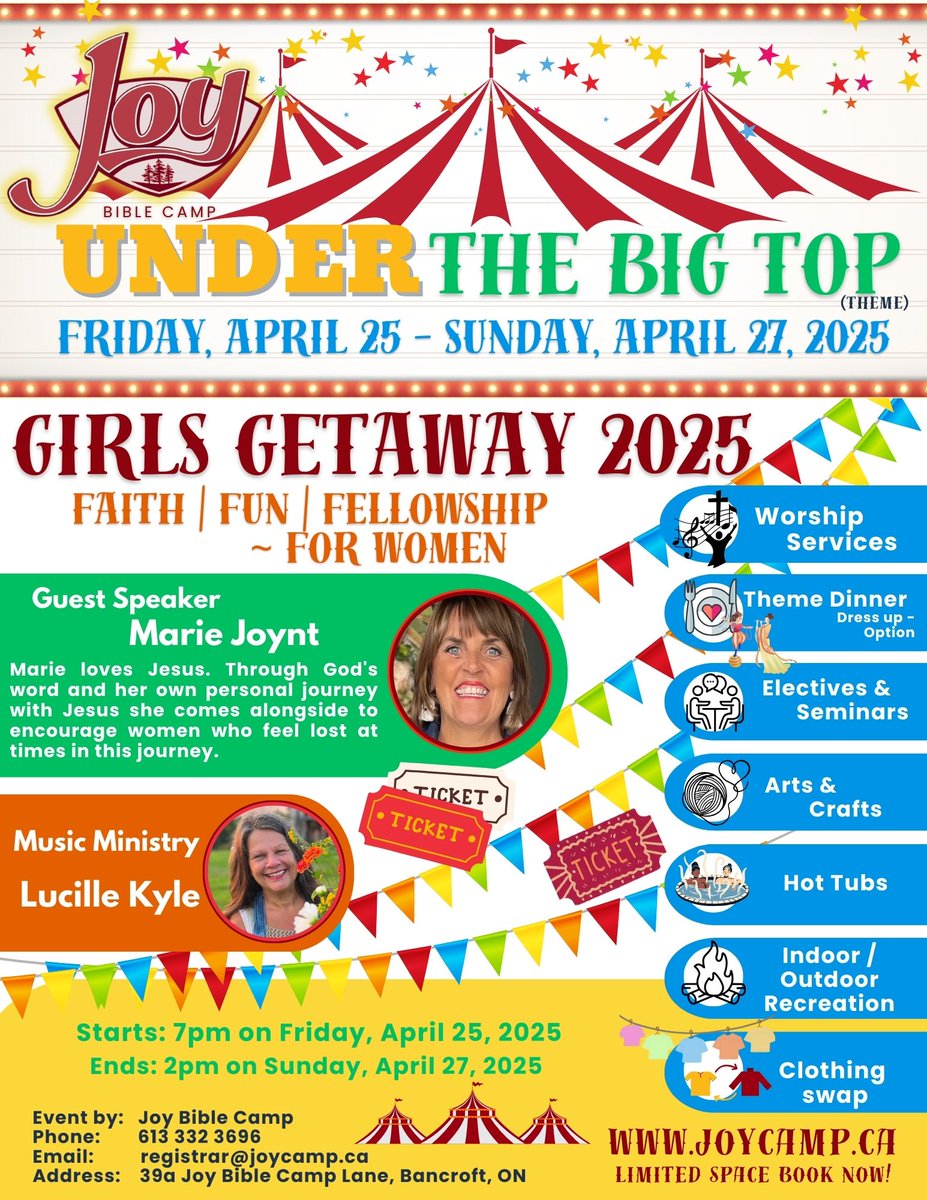 🎪🎪🎪Join the Fun at Girls Getaway 2025 - UNDER THE BIG TOP 🎪🎪🎪 - mailchi.mp/joycamp.ca/gir…