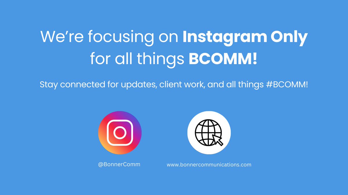 BonnerComm's tweet image. 📣 Big news! 📣 We're focusing on #Instagram and stepping back from Facebook, Twitter &amp;amp; LinkedIn. Stay connected, see client work &amp;amp; join us in uplifting communities through women-led storytelling.

Follow us: @bonnercomm 💜 

#WeAreBCOMM #WomenLed #Storytelling