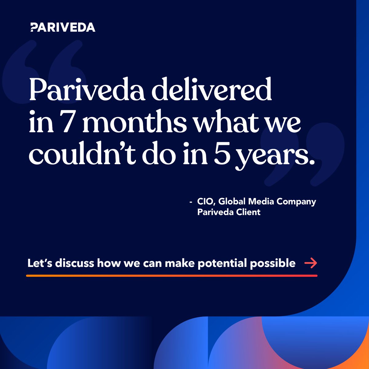 What could you accomplish in a few months if you had the right partner?

“Pariveda delivered in 7 months what we couldn’t do in 5 years.” 

Let’s explore what’s possible for your business: pariveda.link/qbxAM6