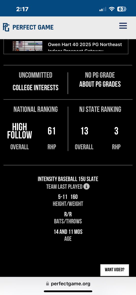 Owen Hart (@owenhart02) on Twitter photo Thank you, <a href="/PG_Scouting/">Perfect Game Scout</a> <a href="/PGMidAtlantic/">PG Mid Atlantic (NY, NJ, PA, MD,DE,DC)</a> for the ranking!
#13 overall in NJ
#3 RHP in NJ
<a href="/kslate40/">Kyle Slate</a> <a href="/Intensity15U/">Intensity Baseball 15U Slate</a> <a href="/intensityball/">Intensity Baseball</a> Thank you, <a href="/PG_Scouting/">Perfect Game Scout</a> <a href="/PGMidAtlantic/">PG Mid Atlantic (NY, NJ, PA, MD,DE,DC)</a> for the ranking!
#13 overall in NJ
#3 RHP in NJ
<a href="/kslate40/">Kyle Slate</a> <a href="/Intensity15U/">Intensity Baseball 15U Slate</a> <a href="/intensityball/">Intensity Baseball</a>