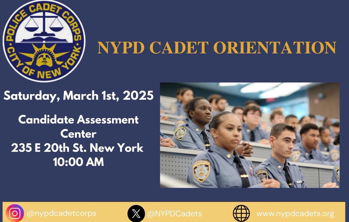 Orientation for Nypd Cadet Corps will tomorrow. Visit our website nypdcadets.org to see if you qualify and register today! <a href="/NYPDnews/">NYPD NEWS</a> <a href="/NYPDTraining/">Police Academy</a> <a href="/nypdrecruit/">NYPD Recruitment</a>