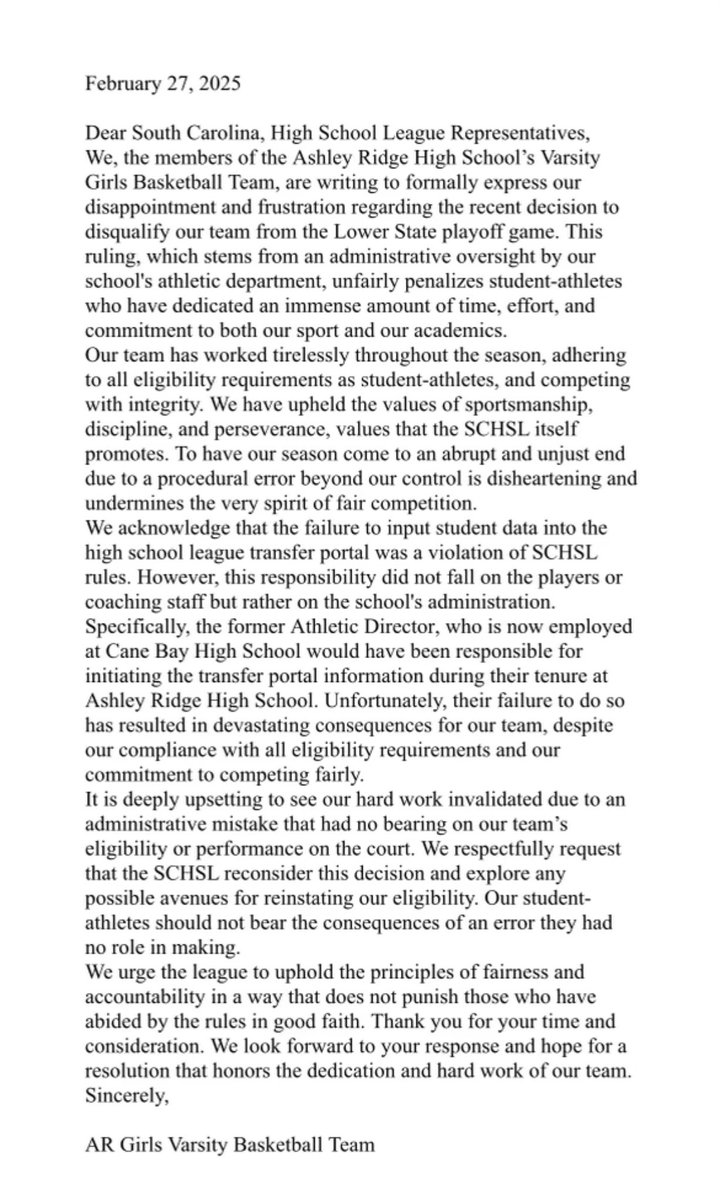 This is the letter written by the Ashley Ridge girls to the SCHSL this AM.