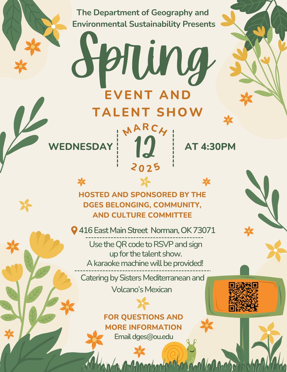 The Department of Geography and Environmental Sustainability presents: Spring Event and Talent Show!!!!!
Wednesday, March 12th, 4:30 pm