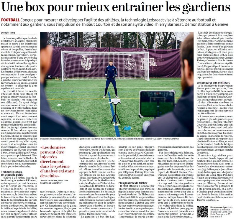 Ledsreact's tweet image. Data-Driven #Goalkeeper Training with Ledsreact. Proud to see our work featured in Switzerland's 'Le Temps'! At a recent @ServetteFC session, Thierry Barnerat - video analyst of Thibaut Courtois - demonstrated how real-time data tracking enhances goalkeeper agility.