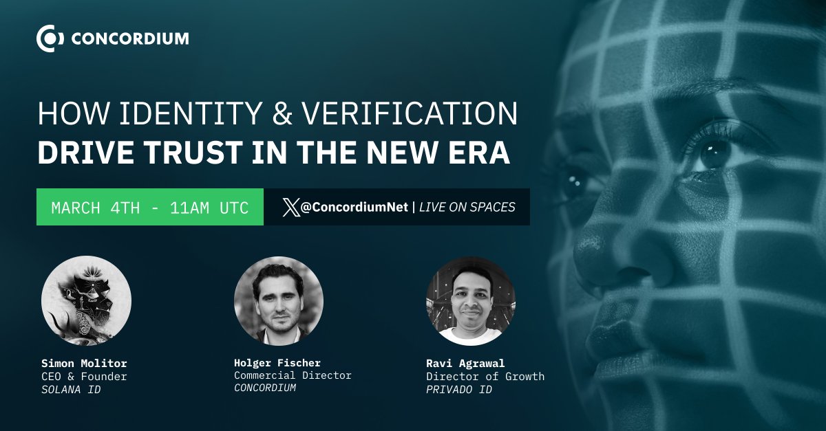 Concordium (@concordiumnet) on Twitter photo Set a reminder for an 𝕏 space next Tuesday about how digital identity & verification drive trust in the new era of tech!
🗓️ Tues, March 4 @ 11 AM UTC
🎙️ <a href="/hchfischer/">Holger Fischer</a> of <a href="/ConcordiumNet/">Concordium</a>, <a href="/simonmolitor/">simol | solana.id 🪷</a> of <a href="/solanaidentity/">Solana ID 🪷</a> & <a href="/ravikantagrawal/">ravidilse.eth</a> of <a href="/PrivadoID/">Privado ID (formerly Polygon ID)</a>
📍 x.com/i/spaces/1ypKd… Set a reminder for an 𝕏 space next Tuesday about how digital identity & verification drive trust in the new era of tech!
🗓️ Tues, March 4 @ 11 AM UTC
🎙️ <a href="/hchfischer/">Holger Fischer</a> of <a href="/ConcordiumNet/">Concordium</a>, <a href="/simonmolitor/">simol | solana.id 🪷</a> of <a href="/solanaidentity/">Solana ID 🪷</a> & <a href="/ravikantagrawal/">ravidilse.eth</a> of <a href="/PrivadoID/">Privado ID (formerly Polygon ID)</a>
📍 x.com/i/spaces/1ypKd…