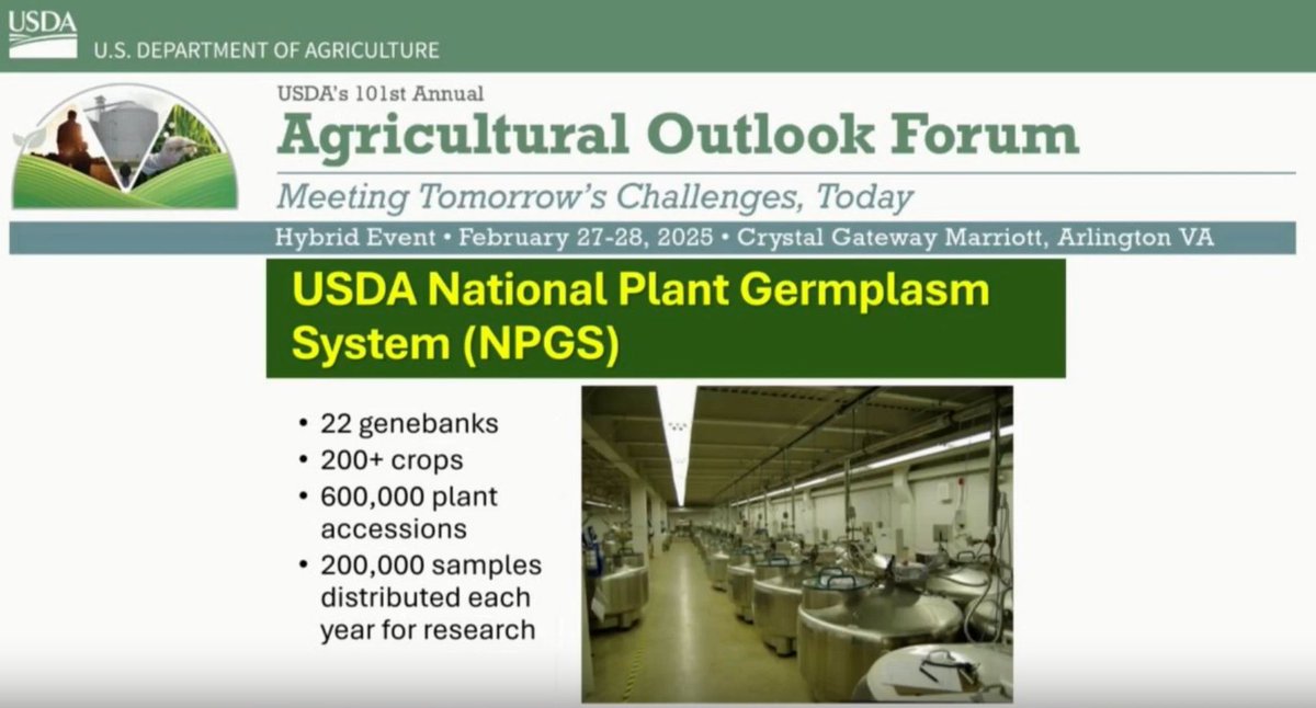 USDA_ARS's tweet image. #AgOutlook25: Why is the National Plant Germplasm System critical to industry and research? Learn more at the USDA AgOutlook Forum through today. loom.ly/OQPkL-w