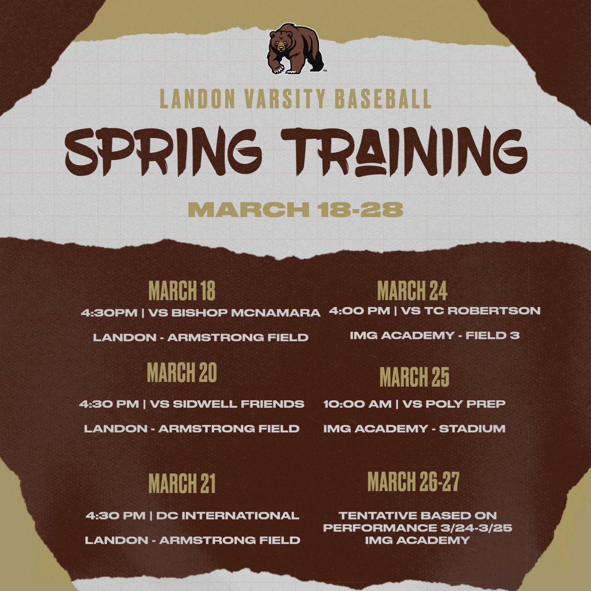 Landon School Varsity Baseball Schedule for 2025 Season. GO BEARS! 🐻
.
.
.
#LandonBaseball🐻⚾️ #AllIn #BP