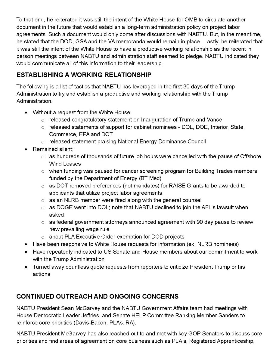 TRAILSANDWAYS's tweet photo. in the annals of doomed collaborationism by union officers, hard to beat this leaked memo of national building trades honchos boasting they've "remained silent" and given unasked praise for Trump even as he halted or killed $100B of union construction jobs https://t.co/KQvahCqiW6