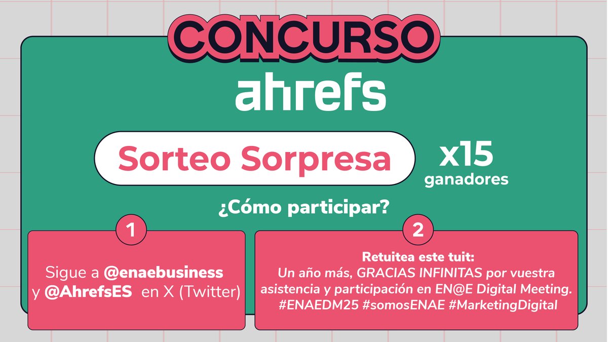 ENAE Business School (@enaebusiness) on Twitter photo Un año más, GRACIAS INFINITAS por vuestra asistencia y participación en EN@E Digital Meeting. #ENAEDM25 #somosENAE
Sigue a <a href="/AhrefsES/">Ahrefs en Español</a> y a <a href="/ENAEbusiness/">ENAE Business School</a> Un año más, GRACIAS INFINITAS por vuestra asistencia y participación en EN@E Digital Meeting. #ENAEDM25 #somosENAE
Sigue a <a href="/AhrefsES/">Ahrefs en Español</a> y a <a href="/ENAEbusiness/">ENAE Business School</a>