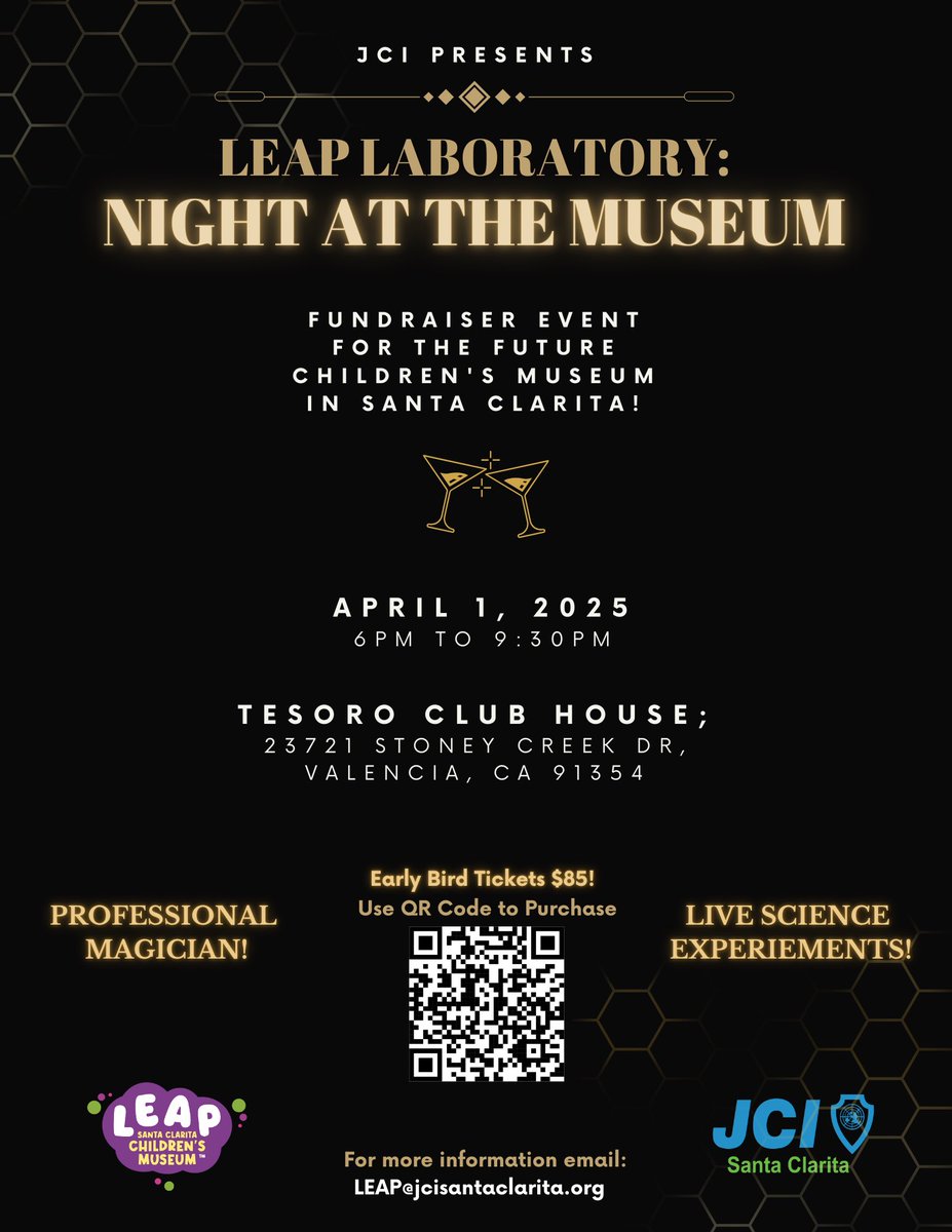 Excited for our "Night at the Museum" fundraiser for Santa Clarita’s future children’s museum! 🎨🧪  
📅 April 1, 2025 | ⏰ 6 PM - 9:30 PM | 📍 Tesoro Club House, 23721 Stoney Creek Dr., Valencia, CA 91354  
Join us for an evening of magic and live science experiments! 🎩🔬