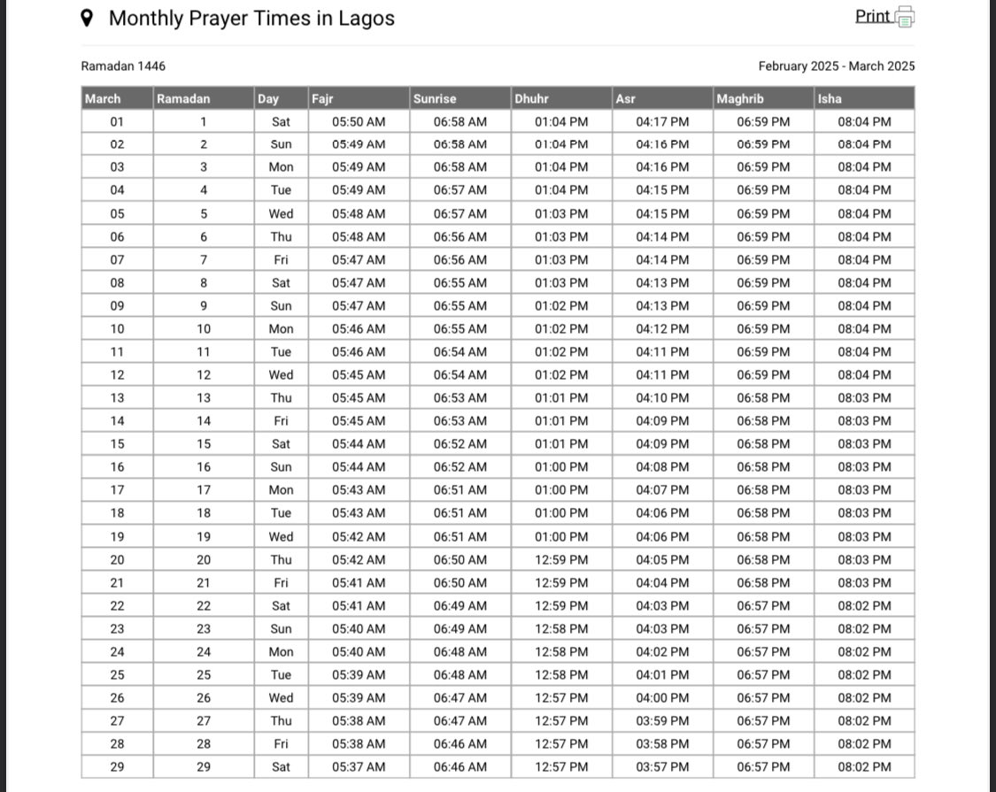 LAGOS Ramadan prayer timetable.