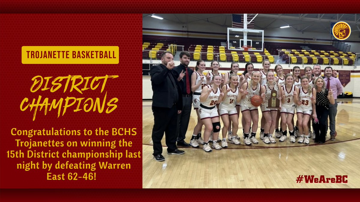 Congratulations to the Trojanettes on winning the 15th District Championship last night! 🏀🏆  #WeAreBC