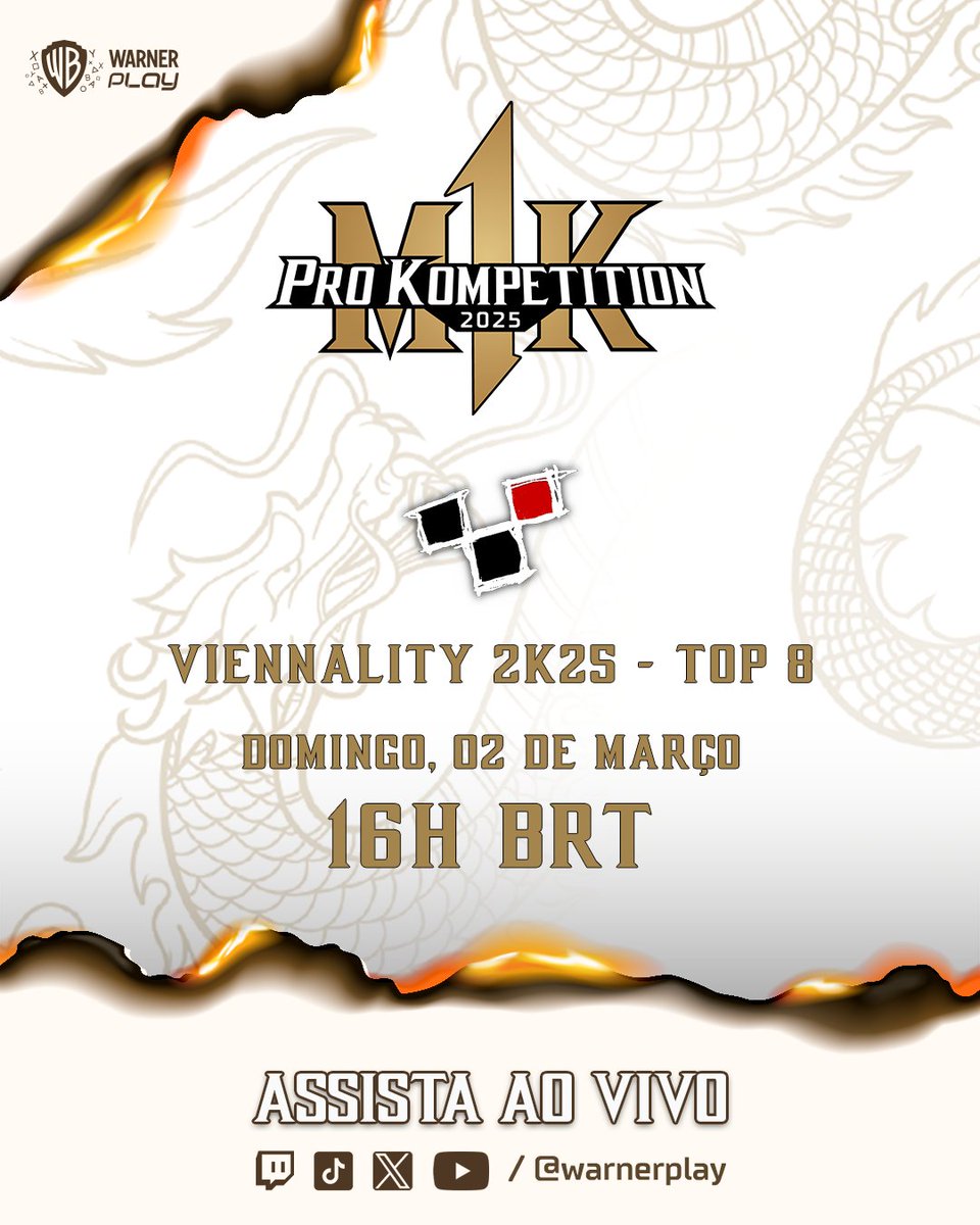 WarnerPlayBR's tweet photo. Próxima parada: Viena! Não perca a transmissão ao vivo do Viennality! Assista ao TOP 8 nos canais do Warner Play, com comentários de @buiufgc e @killerxinok! É dia 02/03, a partir das 16h!
#Viennality #ProKompetition #ProKompetition2025 #MortalKombat #WarnerPlay https://t.co/Tgo3FBrmV9