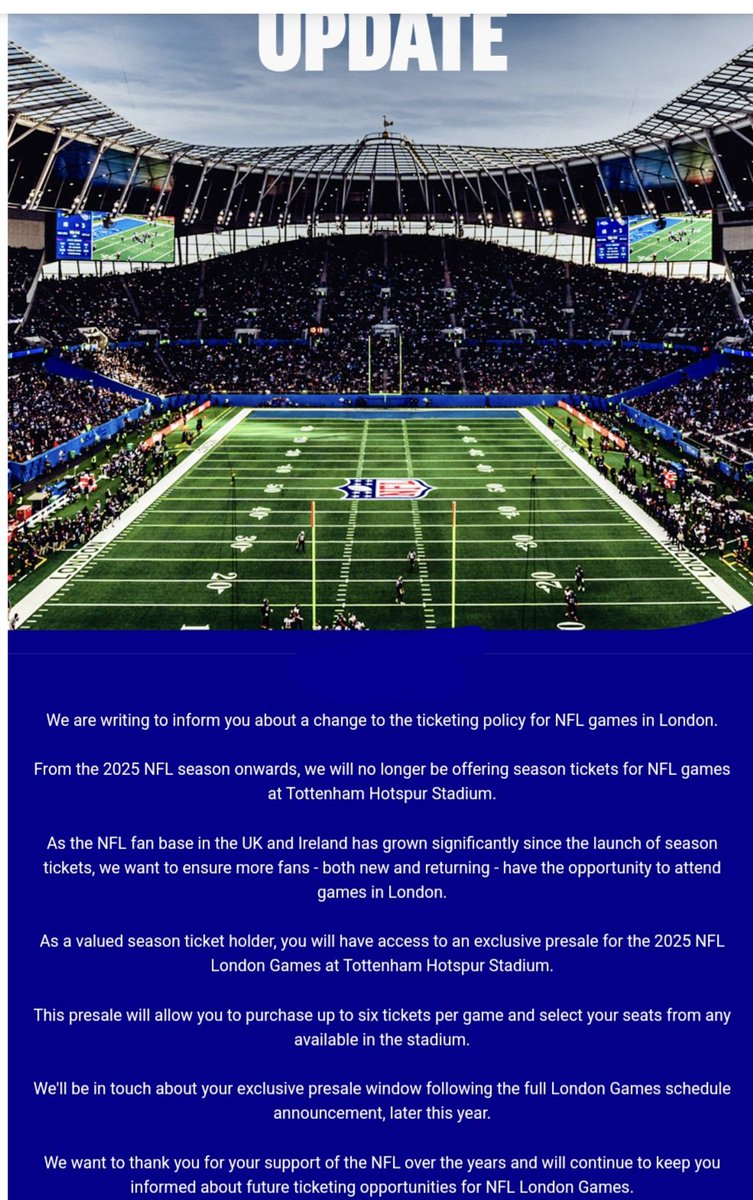 Fab email email from <a href="/NFLUKIRE/">NFL UK & Ireland</a> this evening.
Thanks for your loyalty, and being a season ticket holder for 13 years, but step aside so we can gouge your seats for more money 💰  

Cracking, thanks ☹️😡
