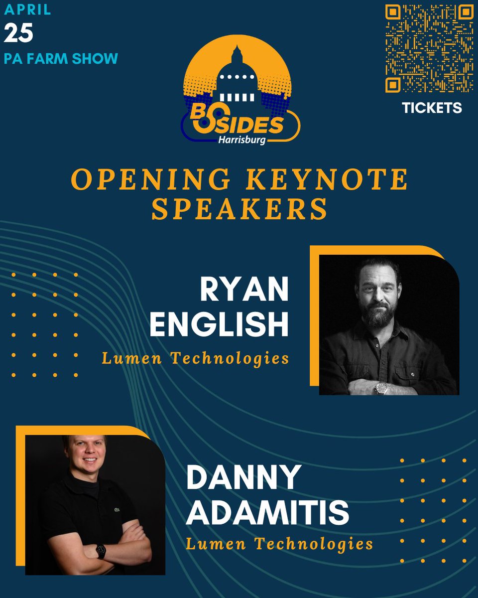 BSides Harrisburg (@bsideshbg) on Twitter photo BSidesHBG is thrilled to announce Ryan English (<a href="/EnglishRyno/">English, Ryan, 1ea</a>) and Danny Adamitis as our tag-team of Opening Keynote Speakers this year!
šļøFriday, APR 25 2025!
Tickets:
eventzilla.net/e/bsides-harriā¦
#BSidesHBG #BSides #infosec BSidesHBG is thrilled to announce Ryan English (<a href="/EnglishRyno/">English, Ryan, 1ea</a>) and Danny Adamitis as our tag-team of Opening Keynote Speakers this year!
šļøFriday, APR 25 2025!
Tickets:
eventzilla.net/e/bsides-harriā¦
#BSidesHBG #BSides #infosec