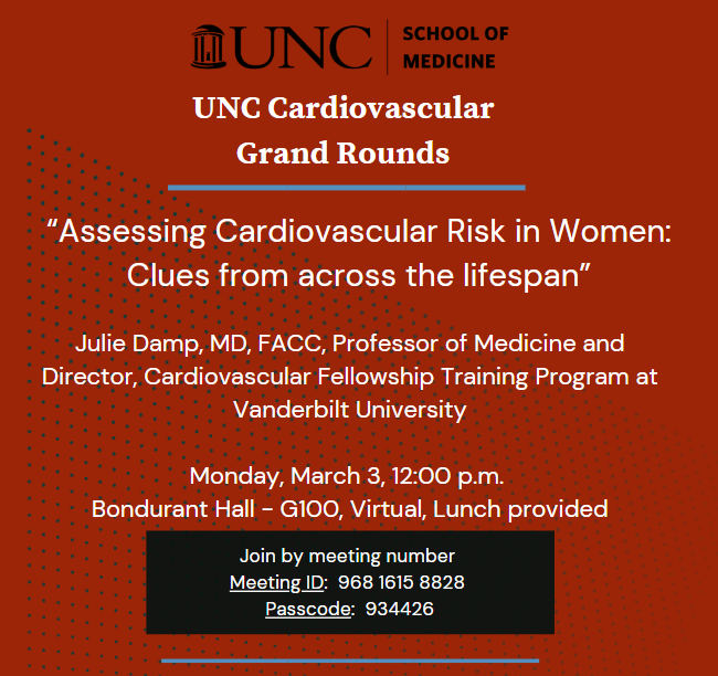 UNC Division of Cardiology (@unccardiology) on Twitter photo Julie Damp, MD, Professor of Medicine and Director, Cardiovascular Fellowship Program at Vanderbilt University, is our next Card Grand Rounds speaker on Mon. March 3. <a href="/UNC_SOM/">UNC School of Medicine</a> <a href="/UNCDeptMedicine/">UNC Department of Medicine</a> <a href="/UNC_Health_Care/">UNC Health</a> #CardioEd
Join from the Zoom meeting link:
go.unc.edu/Qd3g5 Julie Damp, MD, Professor of Medicine and Director, Cardiovascular Fellowship Program at Vanderbilt University, is our next Card Grand Rounds speaker on Mon. March 3. <a href="/UNC_SOM/">UNC School of Medicine</a> <a href="/UNCDeptMedicine/">UNC Department of Medicine</a> <a href="/UNC_Health_Care/">UNC Health</a> #CardioEd
Join from the Zoom meeting link:
go.unc.edu/Qd3g5