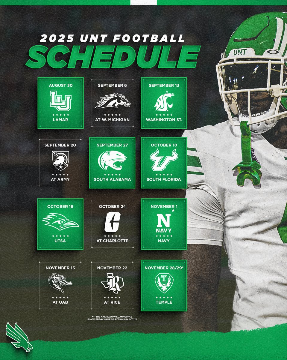 Mean Green Sports (@meangreensports) on Twitter photo Mark your calendars! <a href="/MeanGreenFB/">UNT Football</a>'s 2025 schedule is here 📆
🎟️ northtex.as/FBFS
#GMG 🟢🦅 Mark your calendars! <a href="/MeanGreenFB/">UNT Football</a>'s 2025 schedule is here 📆
🎟️ northtex.as/FBFS
#GMG 🟢🦅