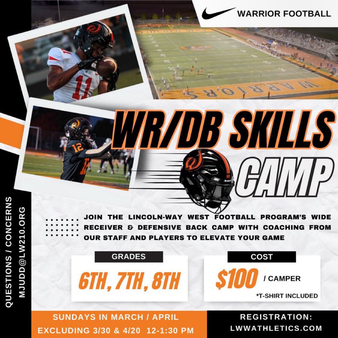Excited to start up some Football skill work again in our great Community starting Sunday March 2nd!!

📆: Sundays in March &amp; April

⏰: 12:00 - 1:30pm

Register at LWWATHLETICS.com