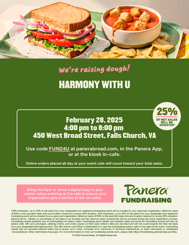 McLeanHSOrch's tweet photo. TONIGHT, the Harmony with U club is hosting a fundraiser at Panera Bread (450 West Broad Street) from 4–8 PM. When you order in person &amp; mention the fundraiser, or use the code FUND4U for online orders through the Panera app, 25% of net sales will be donated to Harmony with U. https://t.co/4z4AMTCAYW