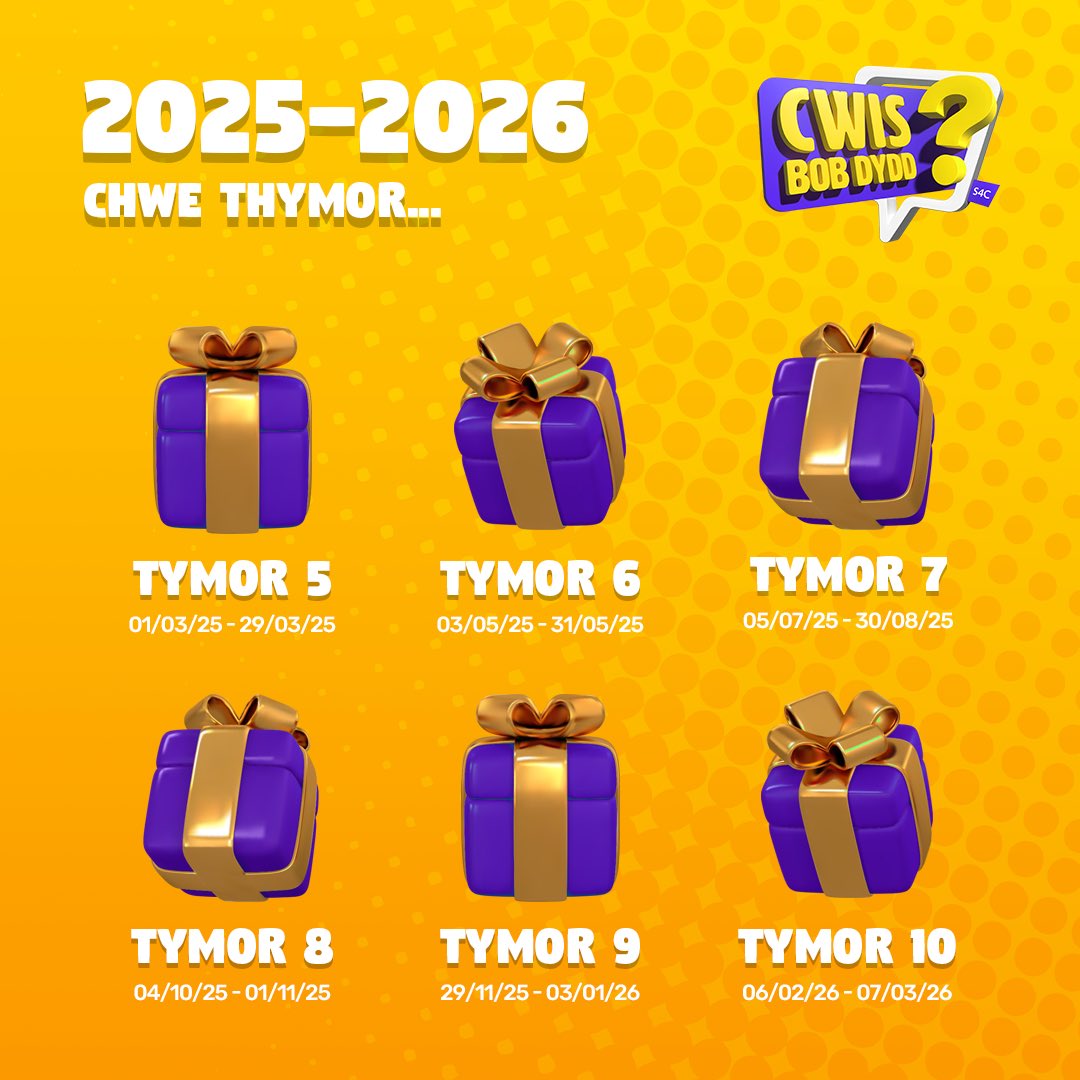 CwisBobDyddS4C's tweet image. 🚨AMSERLEN CWIS BOB DYDD 2025-26🚨
Bydd Cwis 2025 ar gael yn ystod misoedd penodol eleni, a dros wyliau’r haf a’r Nadolig hefyd. 🙌
🏆GRWPIAU:
I’r rhai sydd eisiau dal ati i cwisio pan na fydd y gêm ddyddiol yn fyw, mae modd cystadlu mewn ‘gemau byw’ yn eu grwpiau preifat. Bydd…