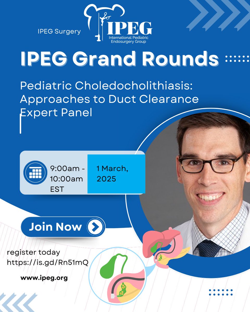 TOMORROW- Join the Next IPEG Grand Rounds
Date: Saturday, March 1
Time: 9:00 - 10:00 AM EST
Topic: Pediatric Choledocholithiasis: Approaches to Duct Clearance Expert Panel
Zoom REGISTRATION:  is.gd/Rn51mQ
#IPEGsurgery #IPEG2025  #PediatricSurgery #Choledocholithiasis