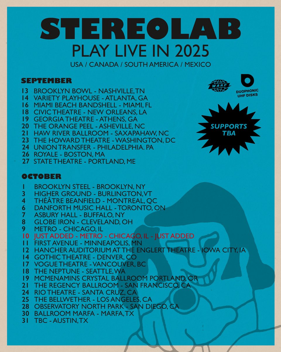 stereolabgroop's tweet image. 61 shows becomes 62 with the addition of a second show at Metro Chicago on Friday, October 10th - tickets on sale now.
Please note that our show in Mexico City is actually on November 12th [I gave out the incorrect date yesterday]
Thanks to everyone who has bought tickets so far.