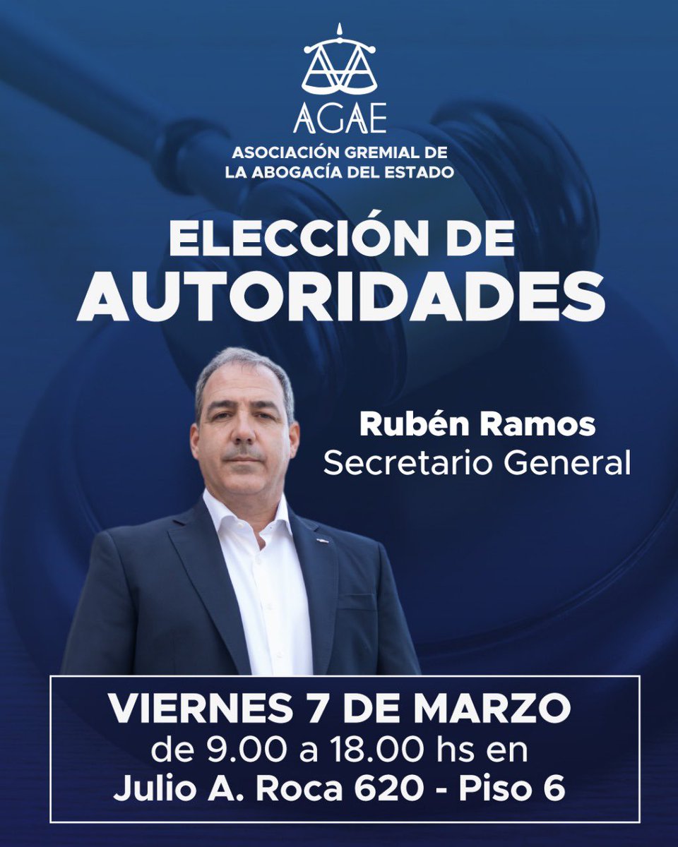 Elección de Autoridades en AGAE 

Viernes 7 de Marzo 
9 a 18:00 
Julio A. Roca 620 piso 6

En Defensa de la abogacía pública

#elecciones #gremio #agae #abogados #abogadas