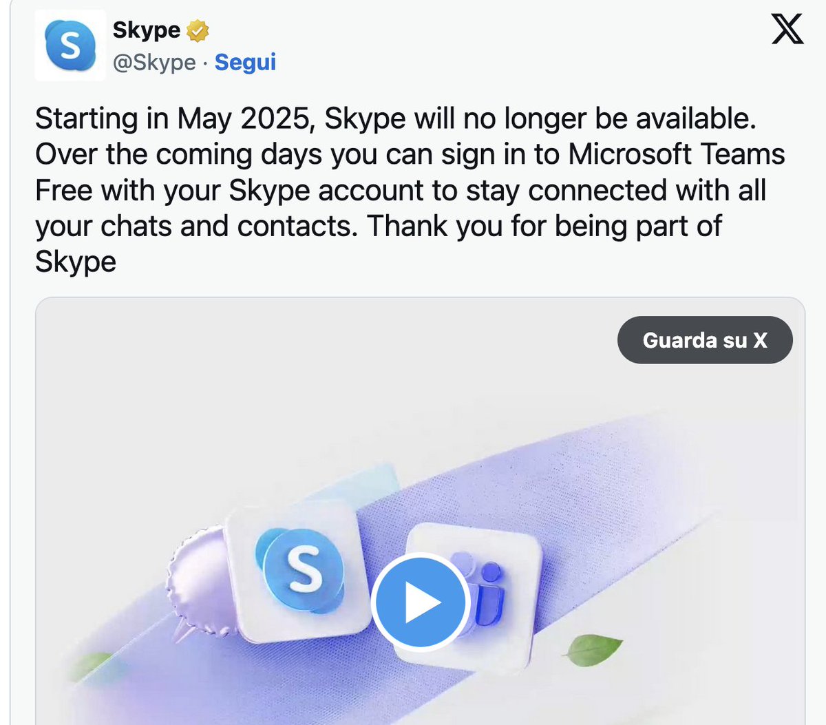 <a href="/Skype/">Skype</a> Skype chiude! Il 5 maggio Microsoft spegne #Skype. Ti ricordi le telefonate con <a href="/Skype/">Skype</a>? - no-ncr-blogger.blogspot.com/2025/02/skype-… -  Reddit :  reddit.com/r/ItalyInforma…  -  #chiude #5maggio #Microsoft  #telefonate - #Zoomapp , #GoogleMeet e  #WhatsApp #msg -