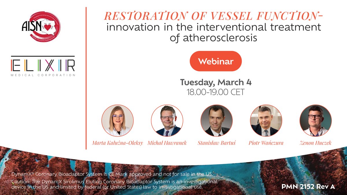 Elixir Medical Corp (@elixirmed) on Twitter photo For Polish physicians: You won’t want to miss this!
Register today for the case-based discussion, hosted by <a href="/aisnptk/">AISN PTK</a> on how the restoration of vessel function could impact PCI outcomes.
👉Register now: aisn.pl/aktualnosci/we…
<a href="/HawranekMichal/">Michal Hawranek</a> <a href="/Marta33717088/">Marta Kaluzna-Oleksy</a>
#Cardiotwitter For Polish physicians: You won’t want to miss this!
Register today for the case-based discussion, hosted by <a href="/aisnptk/">AISN PTK</a> on how the restoration of vessel function could impact PCI outcomes.
👉Register now: aisn.pl/aktualnosci/we…
<a href="/HawranekMichal/">Michal Hawranek</a> <a href="/Marta33717088/">Marta Kaluzna-Oleksy</a>
#Cardiotwitter