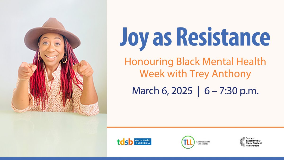 Join us for Joy as Resistance as we honour Black Mental Health Week with Trey Anthony. We invite parents, caregivers, students (Gr. 7-12) &amp; community members as we discuss the importance of cultivating joy &amp; resilience in combatting anti-Black racism. 

bit.ly/3F9M6IJ