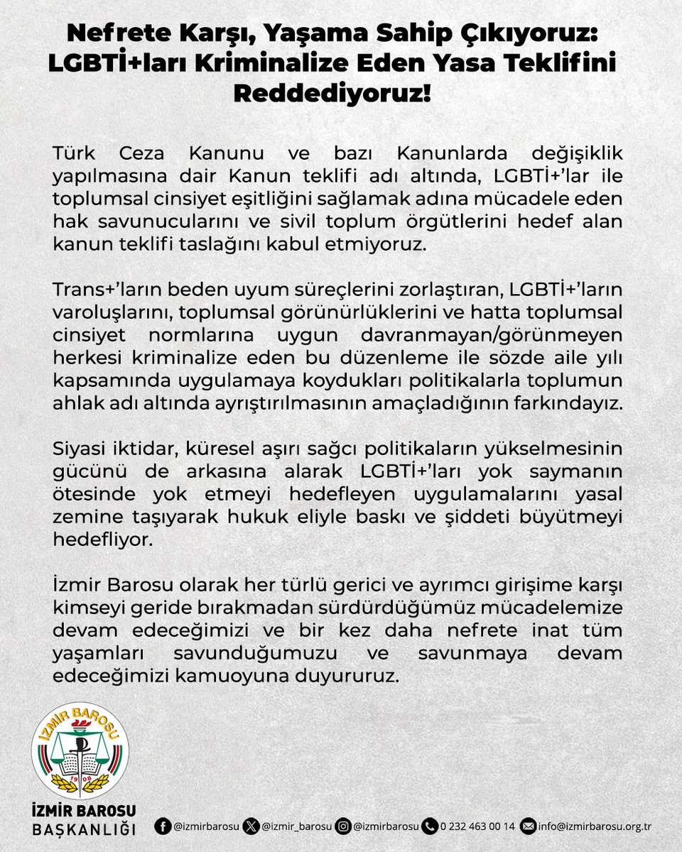 Nefrete Karşı, Yaşama Sahip Çıkıyoruz: LGBTİ+ları Kriminalize Eden Yasa Teklifini Reddediyoruz!

Türk Ceza Kanunu ve bazı Kanunlarda değişiklik yapılmasına dair Kanun teklifi adı altında, LGBTİ+’lar ile toplumsal cinsiyet eşitliğini sağlamak adına mücadele eden hak savunucularını